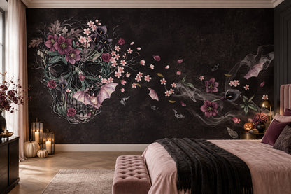 Floral Skull with Drifting Blossoms Halloween Wallpaper Mural - image 3