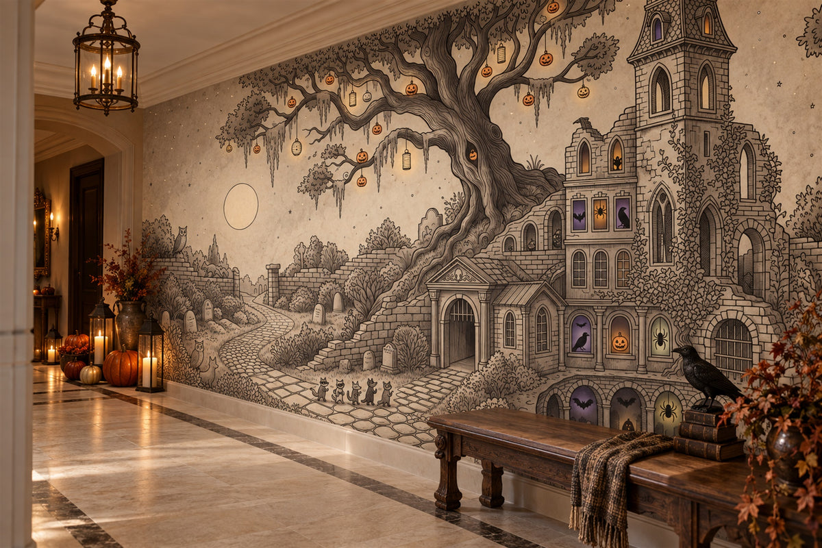 Haunted Manor Ancient Tree and Graveyard Halloween Wallpaper Mural - image 3