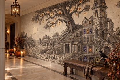 Haunted Manor Ancient Tree and Graveyard Halloween Wallpaper Mural - image 3