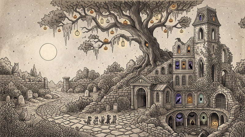 Haunted Manor Ancient Tree and Graveyard Halloween Wallpaper Mural - image 2