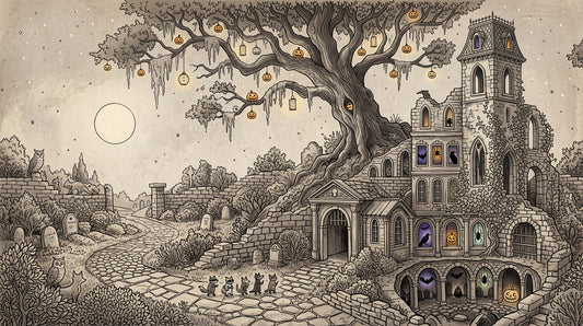 Haunted Manor Ancient Tree and Graveyard Halloween Wallpaper Mural - image 2