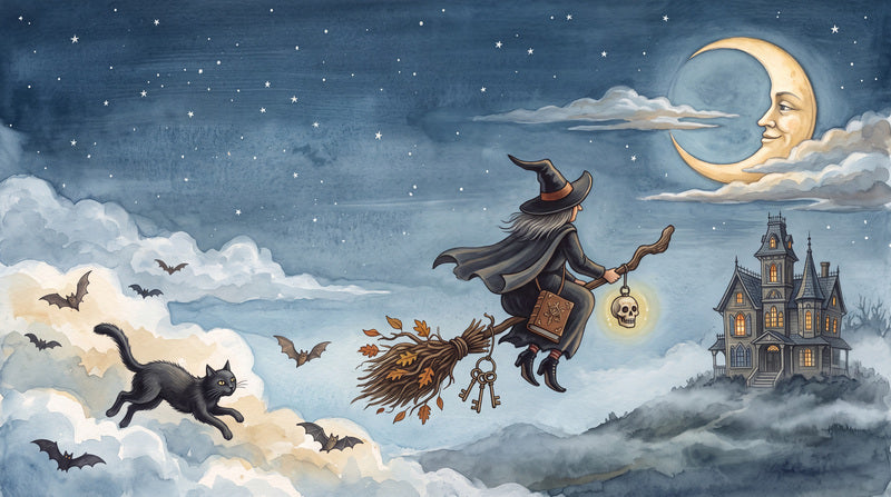Witches Cats Broomsticks and Crescent Moon Halloween Wallpaper Mural