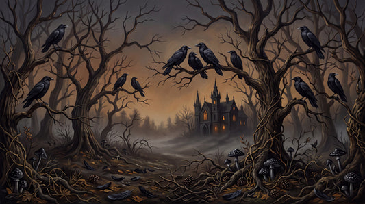 Dark Forest Ravens and Distant Haunted House Halloween Wallpaper Mural - image 2