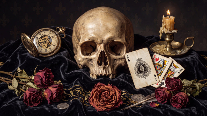 Skull Pocket Watch Candles Cards and Roses Halloween Wallpaper Mural - image 2