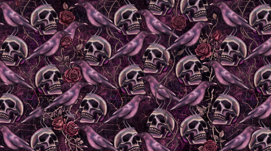 Purple Skulls Roses and Satin Ribbons Halloween Wallpaper Mural - image 2