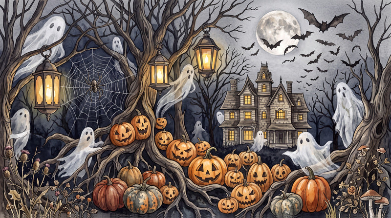 Ghosts Pumpkins Lanterns and Haunted House Halloween Wallpaper Mural - image 2
