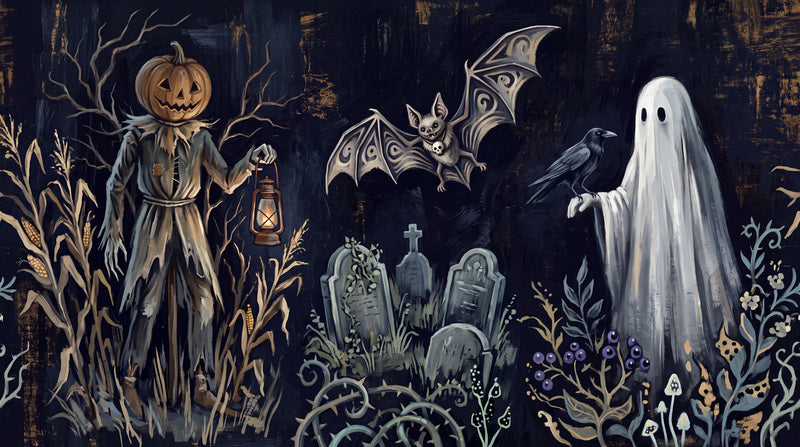 Scarecrow Ghost Raven and Graveyard Halloween Wallpaper Mural - image 2