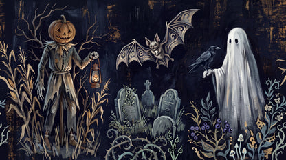 Scarecrow Ghost Raven and Graveyard Halloween Wallpaper Mural - image 2