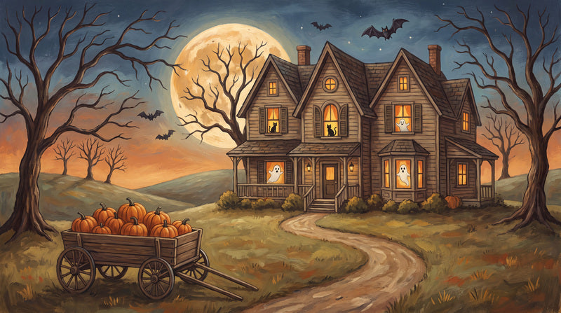 Haunted Farmhouse Pumpkin Cart and Moon Halloween Wallpaper Mural - image 2