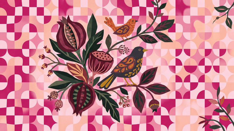 Geometric Flowers Owls and Pink Checks Halloween Wallpaper Mural