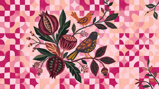 Geometric Flowers Owls and Pink Checks Halloween Wallpaper Mural - image 2