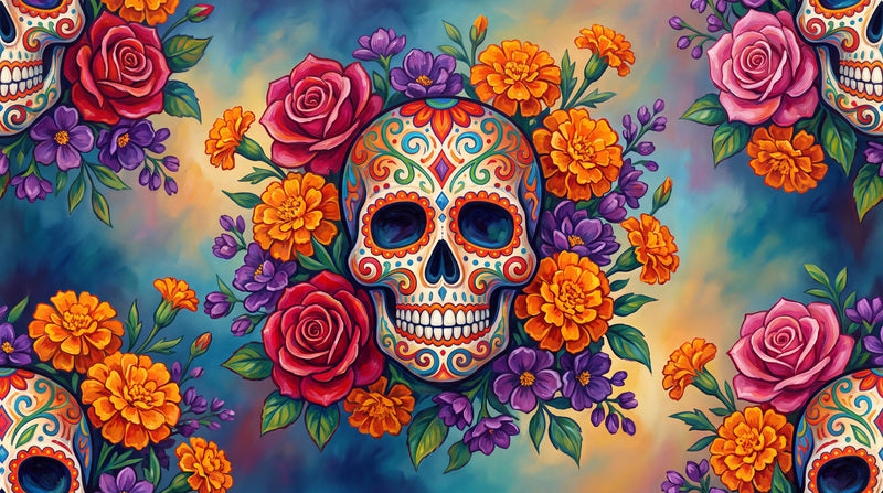 Sugar Skull Roses and Marigolds Halloween Wallpaper Mural - image 2