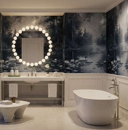 Dark Misty Forest Lake Wallpaper Mural room scene