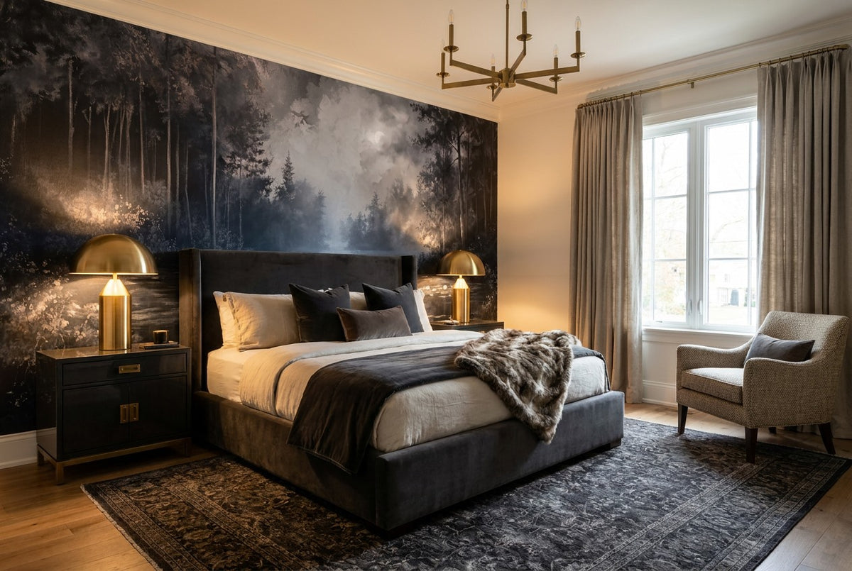 Dark Misty Forest Lake Wallpaper Mural room scene