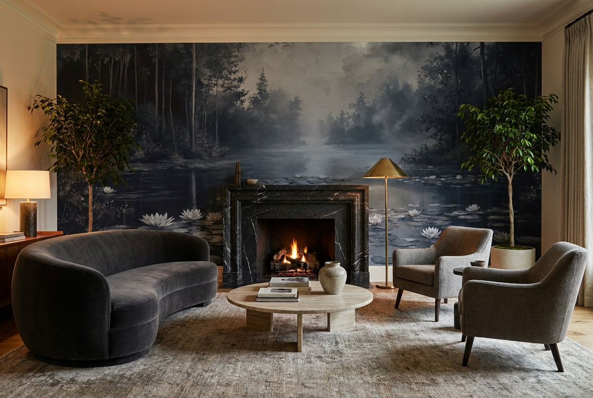 Dark Misty Forest Lake Wallpaper Mural room scene