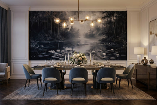 Dark Misty Forest Lake Wallpaper Mural dining room scene