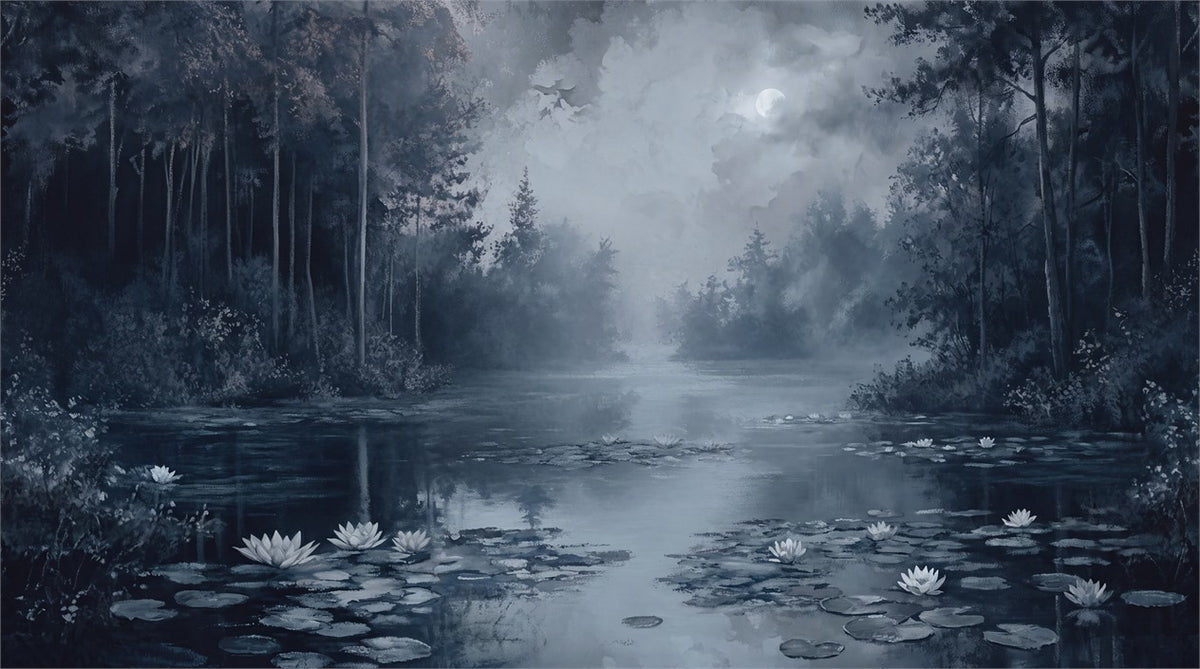 Dark Misty Forest Lake Wallpaper Mural pattern artwork