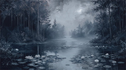 Dark Misty Forest Lake Wallpaper Mural pattern artwork