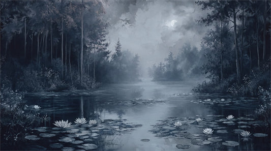 Dark Misty Forest Lake Wallpaper Mural pattern artwork