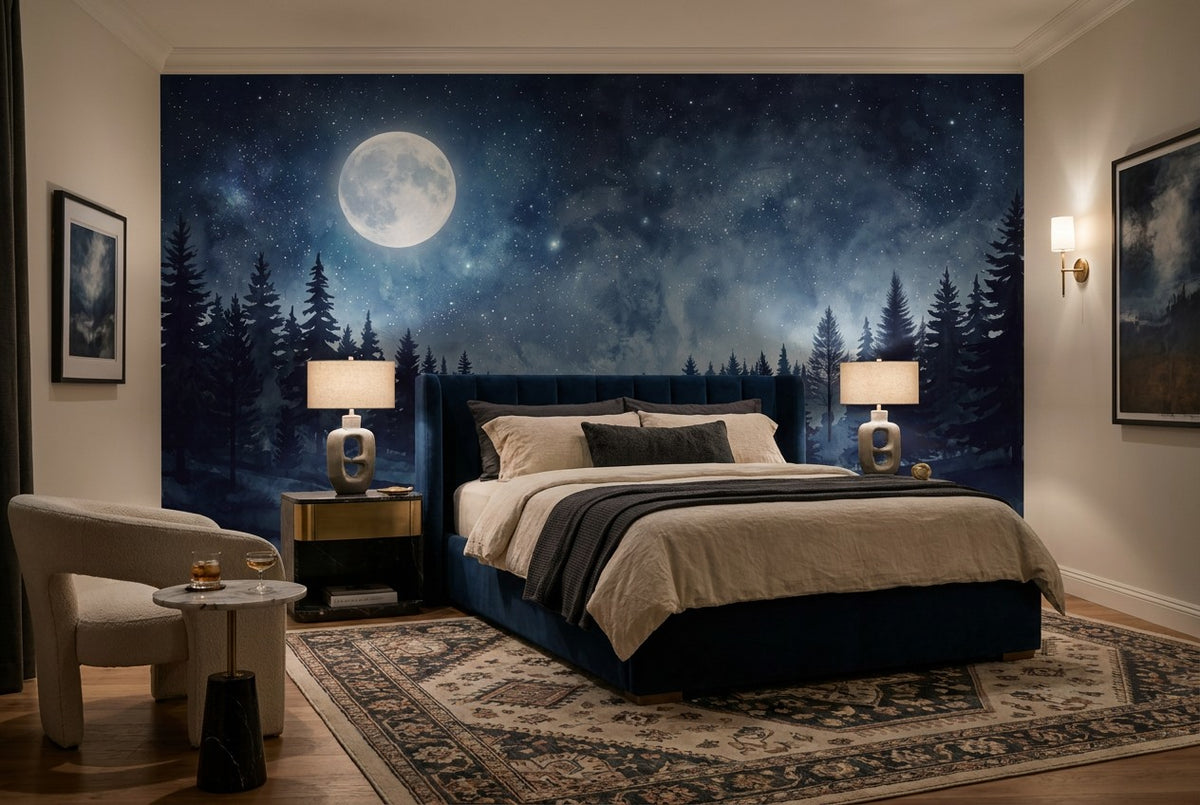 Moonlit Snowy Pine Forest Wallpaper Mural interior scene
