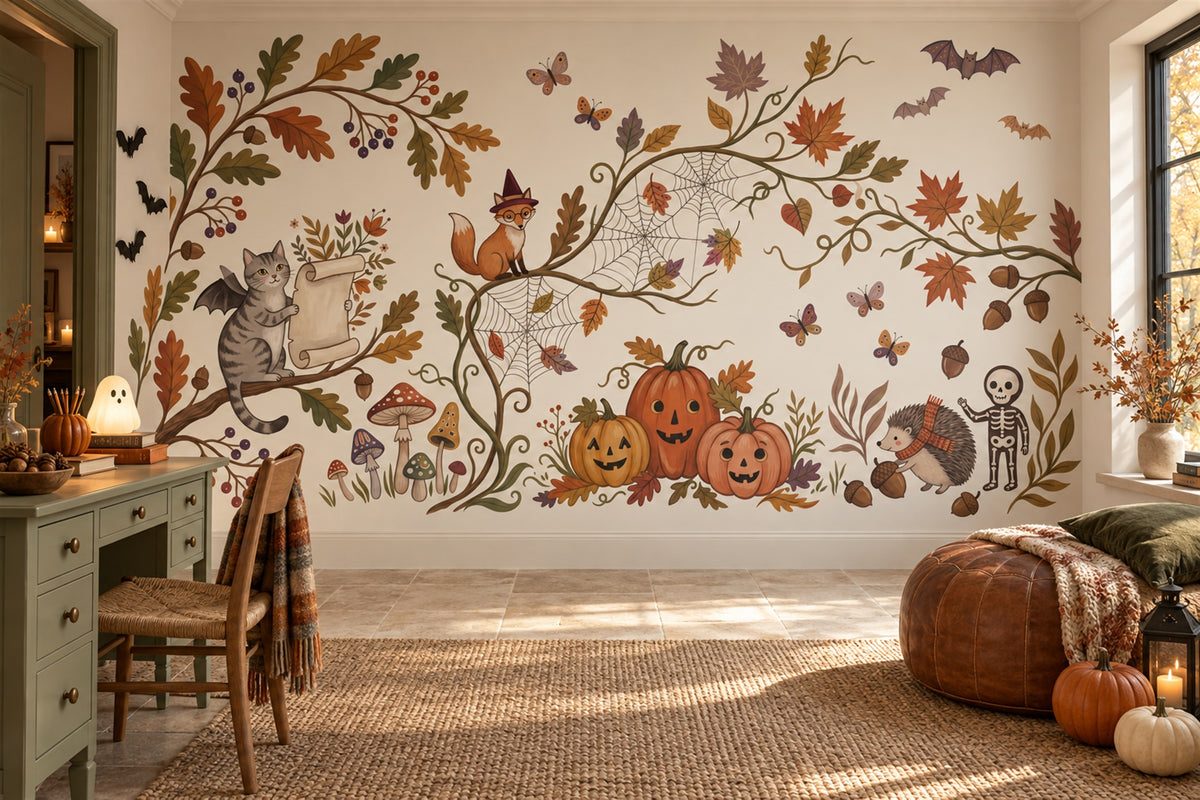 Cats Pumpkins Skeleton Owl and Autumn Vines Halloween Wallpaper Mural - image 3
