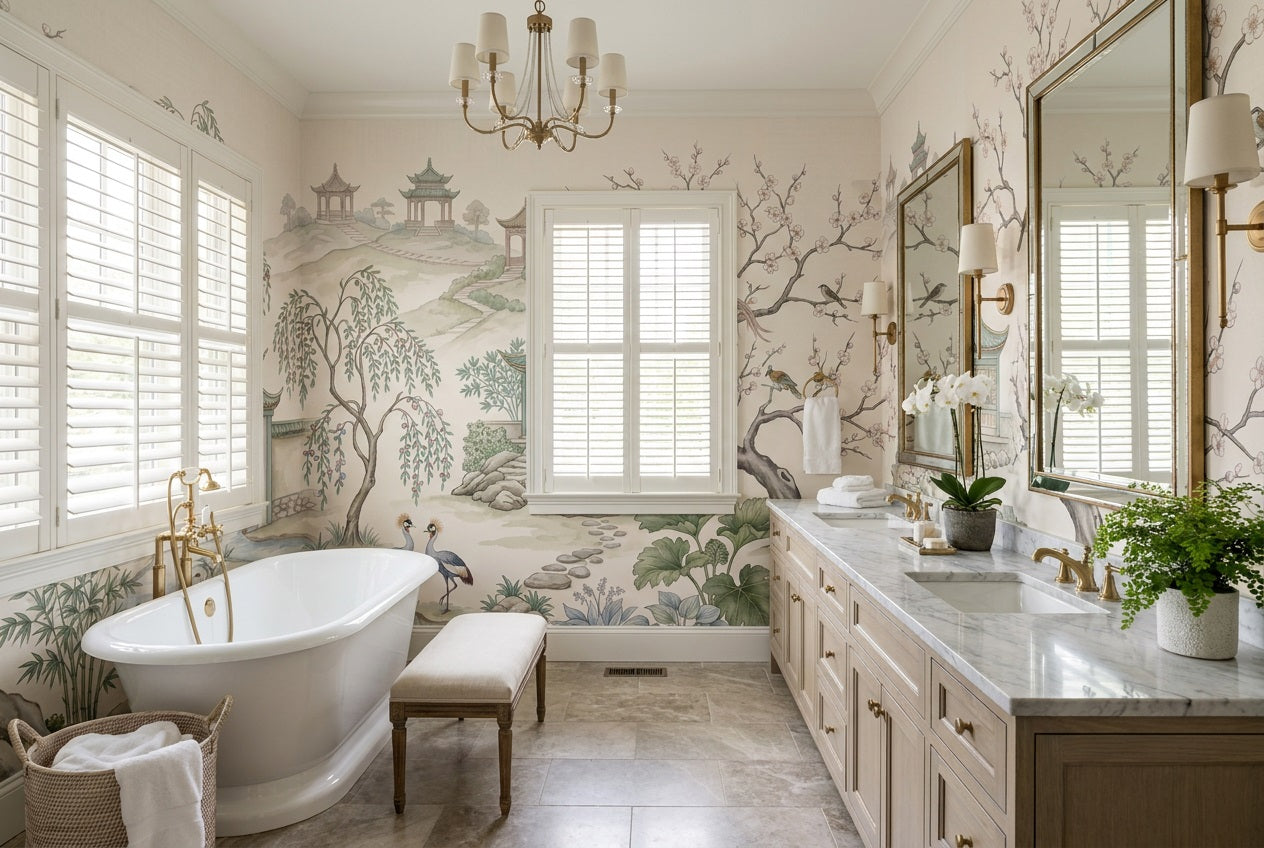 Ivory Cranes and Pavilion Chinoiserie Wallpaper Mural - 3