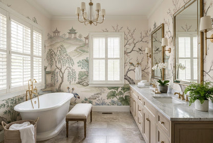 Ivory Cranes and Pavilion Chinoiserie Wallpaper Mural - 3