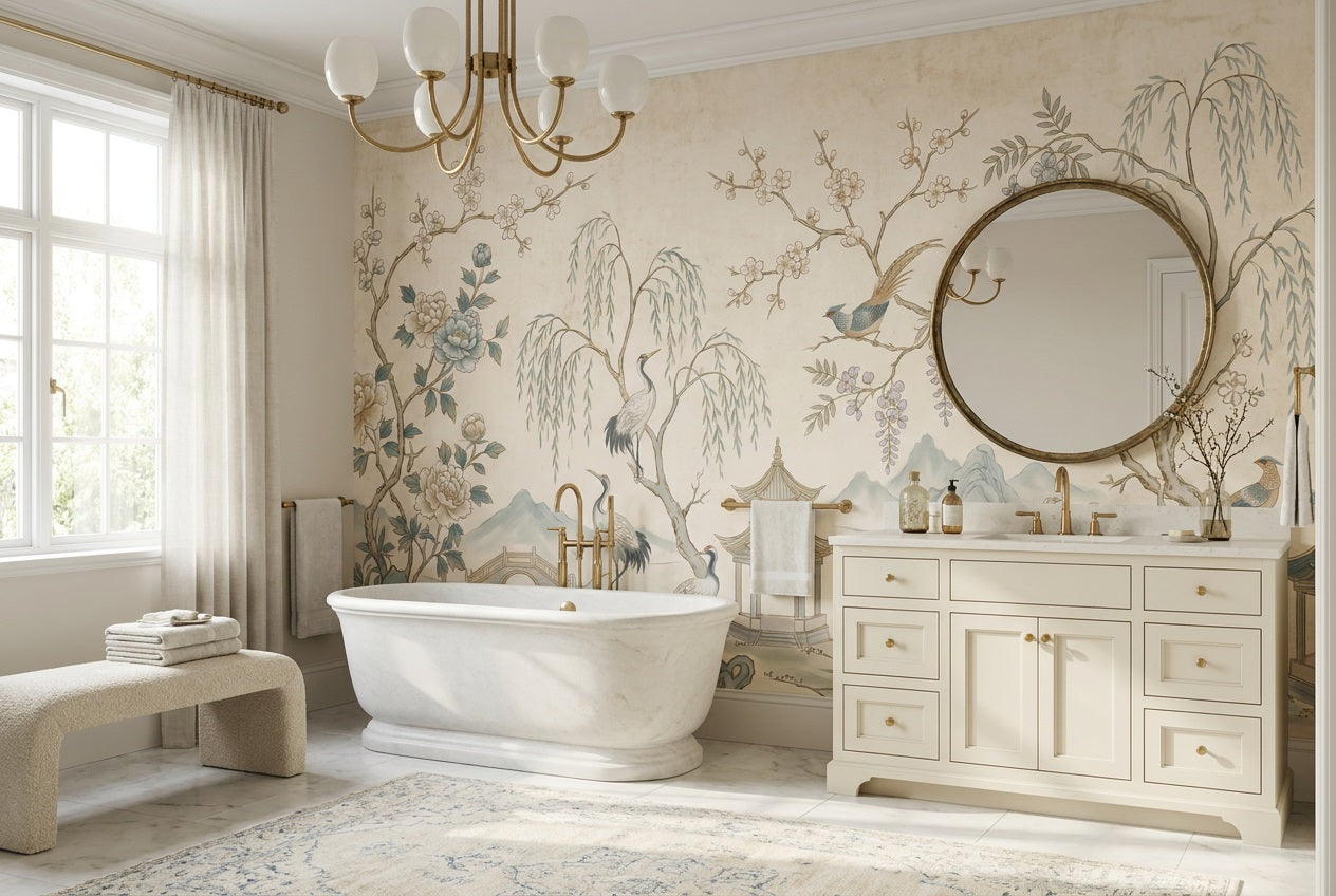 Ivory Crane and Blossom Chinoiserie Wallpaper Mural - 3