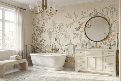 Ivory Crane and Blossom Chinoiserie Wallpaper Mural - 3