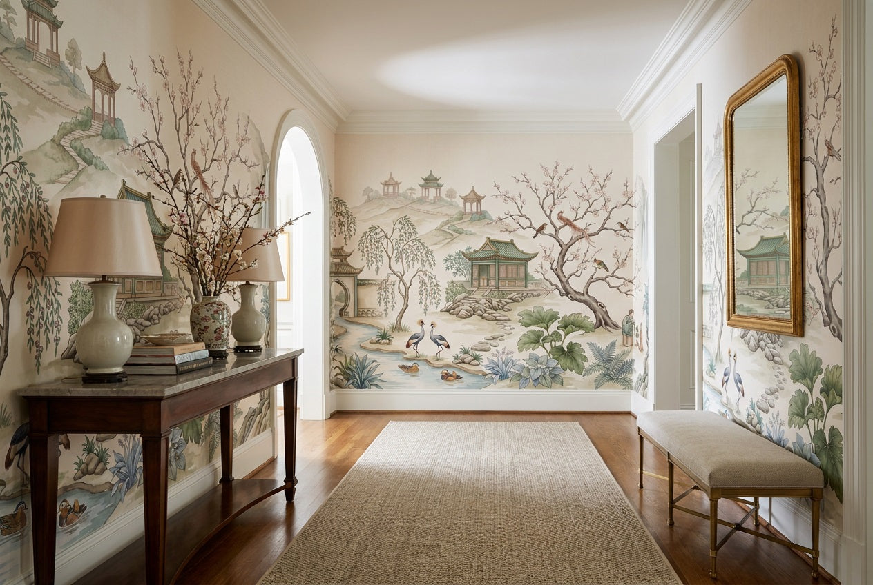 Ivory Cranes and Pavilion Chinoiserie Wallpaper Mural - 5