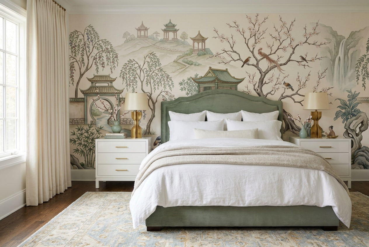 Ivory Cranes and Pavilion Chinoiserie Wallpaper Mural - 4