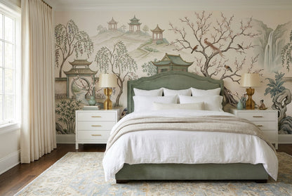 Ivory Cranes and Pavilion Chinoiserie Wallpaper Mural - 4