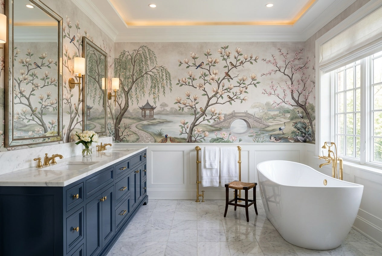 Ivory Magnolia Tree Chinoiserie Wallpaper Mural - 3