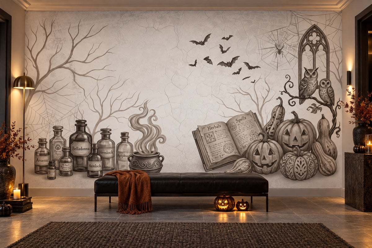 Potion Bottles Pumpkins Books Bats and Gothic Window Halloween Wallpaper Mural - image 3