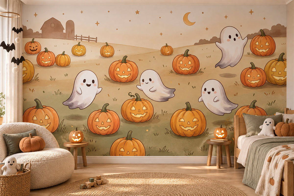 Smiling Ghosts and Jack O Lanterns in Field Halloween Wallpaper Mural - image 3