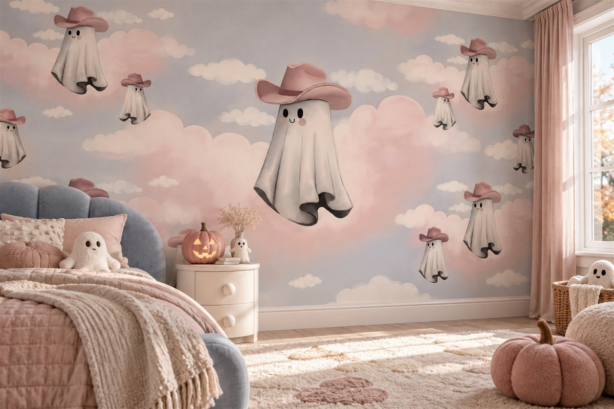 Mushroom Ghosts Floating in Pastel Clouds Halloween Wallpaper Mural - image 3