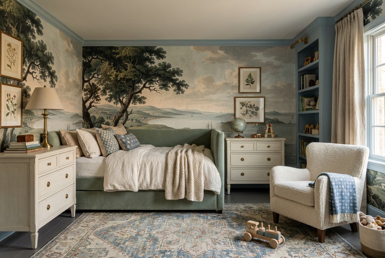 Soft Aqua Coastal Lake Landscape Wallpaper Mural room scene