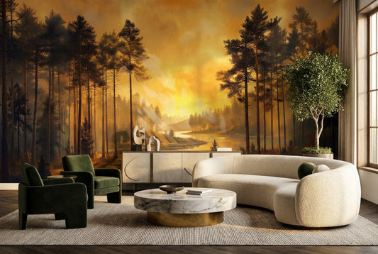 Sunlit Forest Pines Gold Wallpaper Mural - image 1