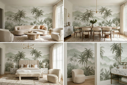 Mint Palm Hand-Painted Jungle Wallpaper Mural room scene