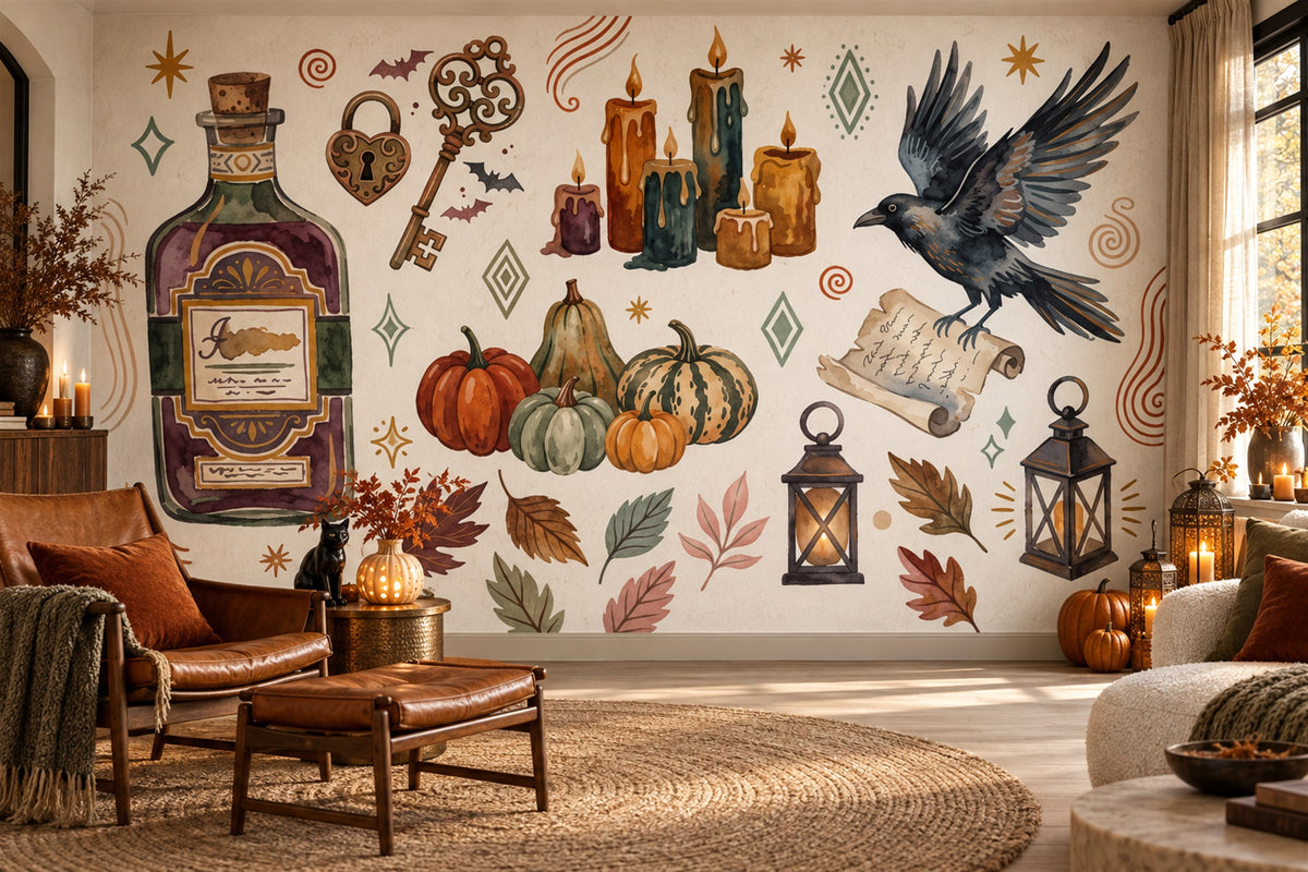 Potions Pumpkins Candles Raven and Lanterns Halloween Wallpaper Mural - image 1