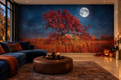 Red Autumn Tree Under Full Moon Halloween Wallpaper Mural - image 1