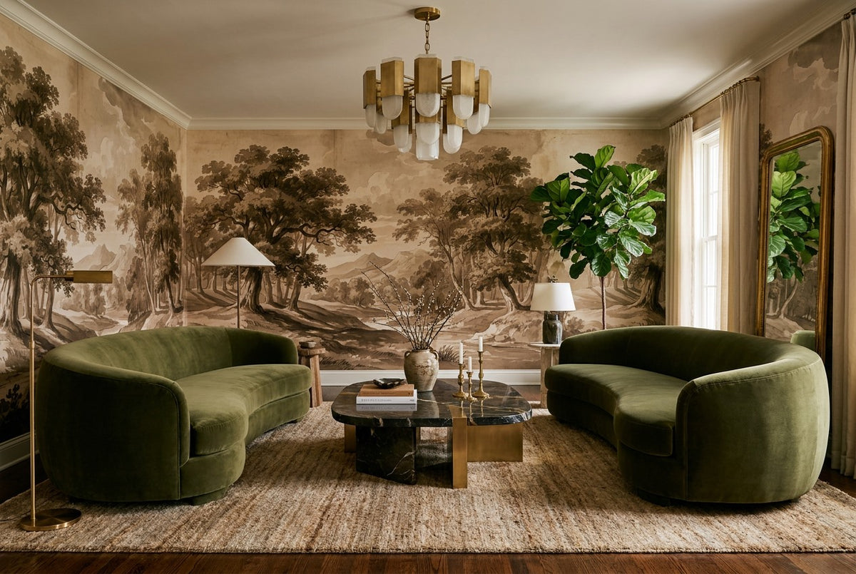 Sunlit Forest Engraving Sepia Wallpaper Mural - image 1