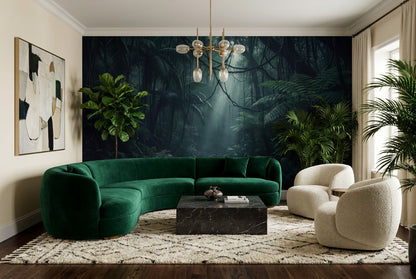 Mysterious Teal Dark Jungle Wallpaper Mural in a living room