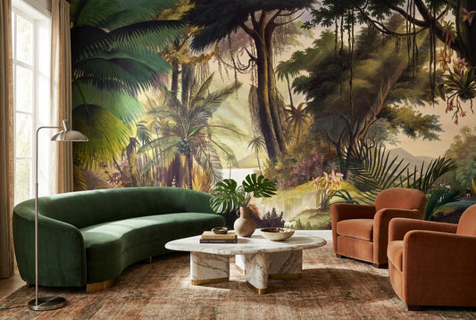 Sunlit Tropical Forest Teal Wallpaper Mural - image 1