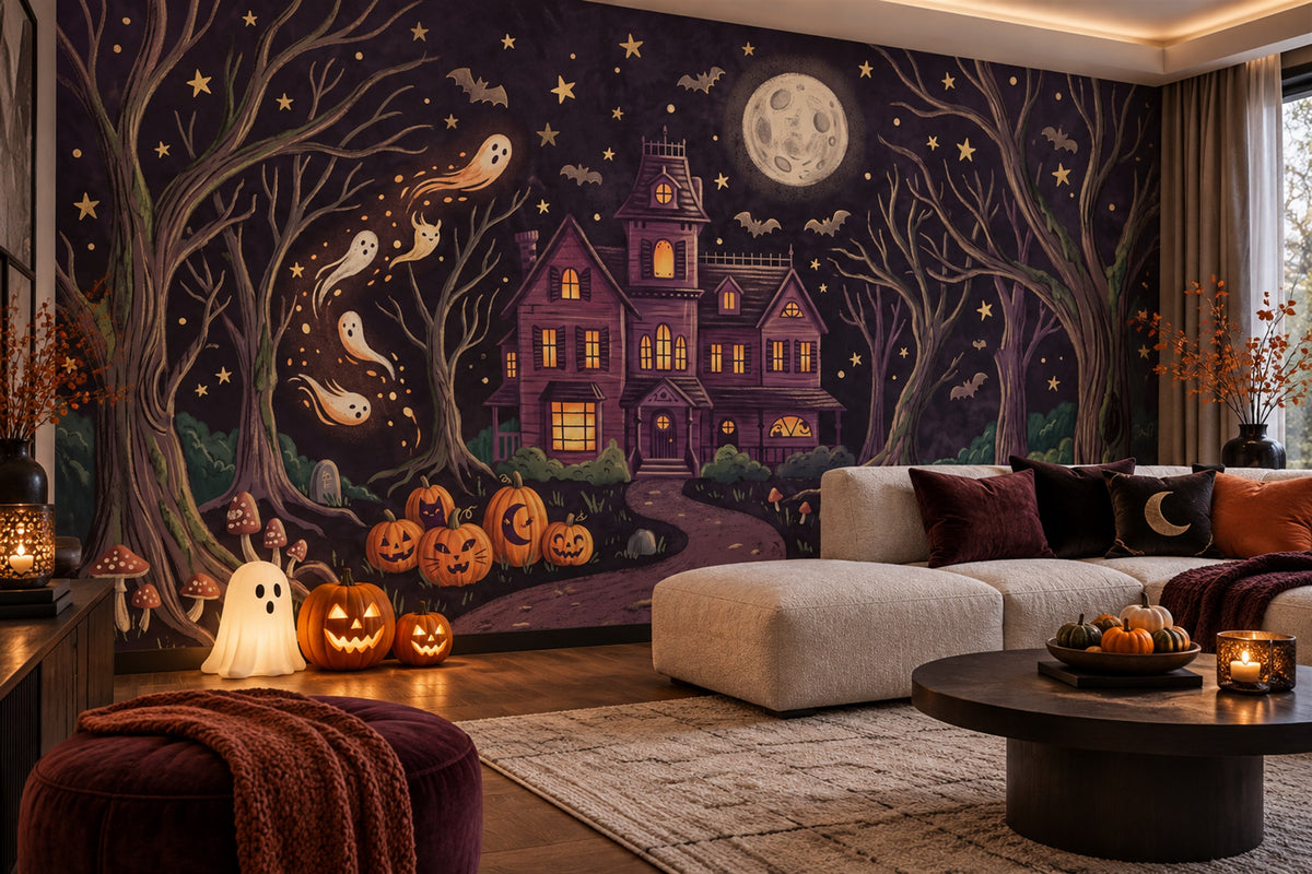 Haunted House Pumpkins Ghosts and Enchanted Trees Halloween Wallpaper Mural - image 3