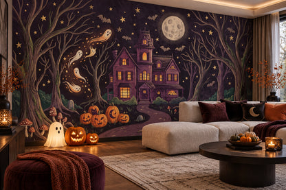 Haunted House Pumpkins Ghosts and Enchanted Trees Halloween Wallpaper Mural - image 3