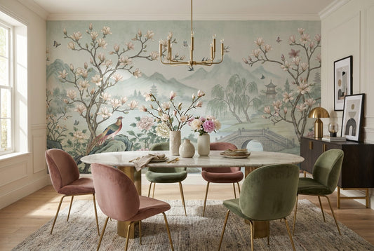 Mint Magnolia Garden Chinoiserie Wallpaper Mural - 1