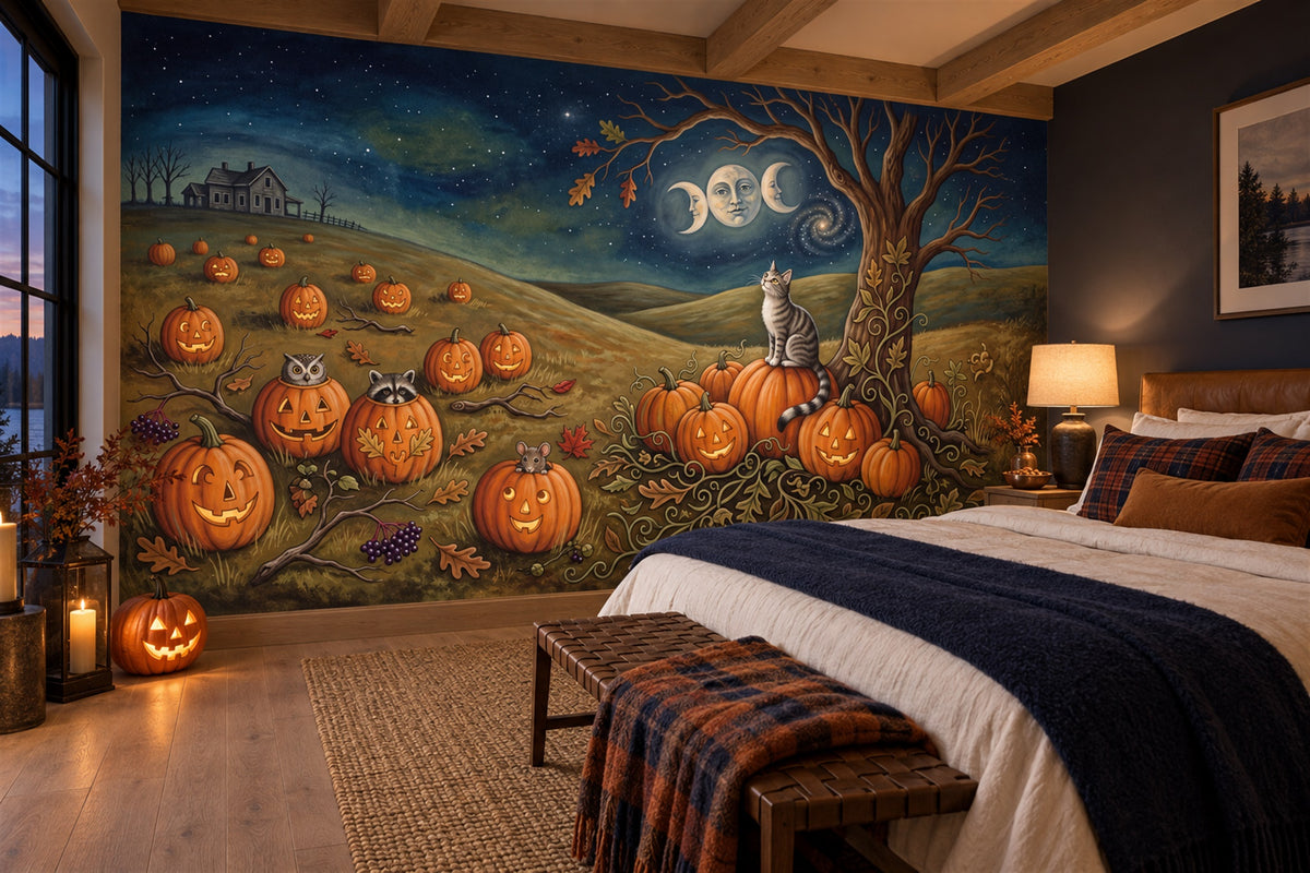 Pumpkin Field Cat Moon and Haunted House Halloween Wallpaper Mural - image 1