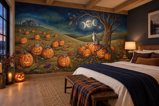 Pumpkin Field Cat Moon and Haunted House Halloween Wallpaper Mural - image 1