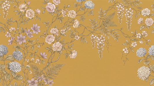Ochre Floral Chinoiserie Wallpaper Mural - 2
